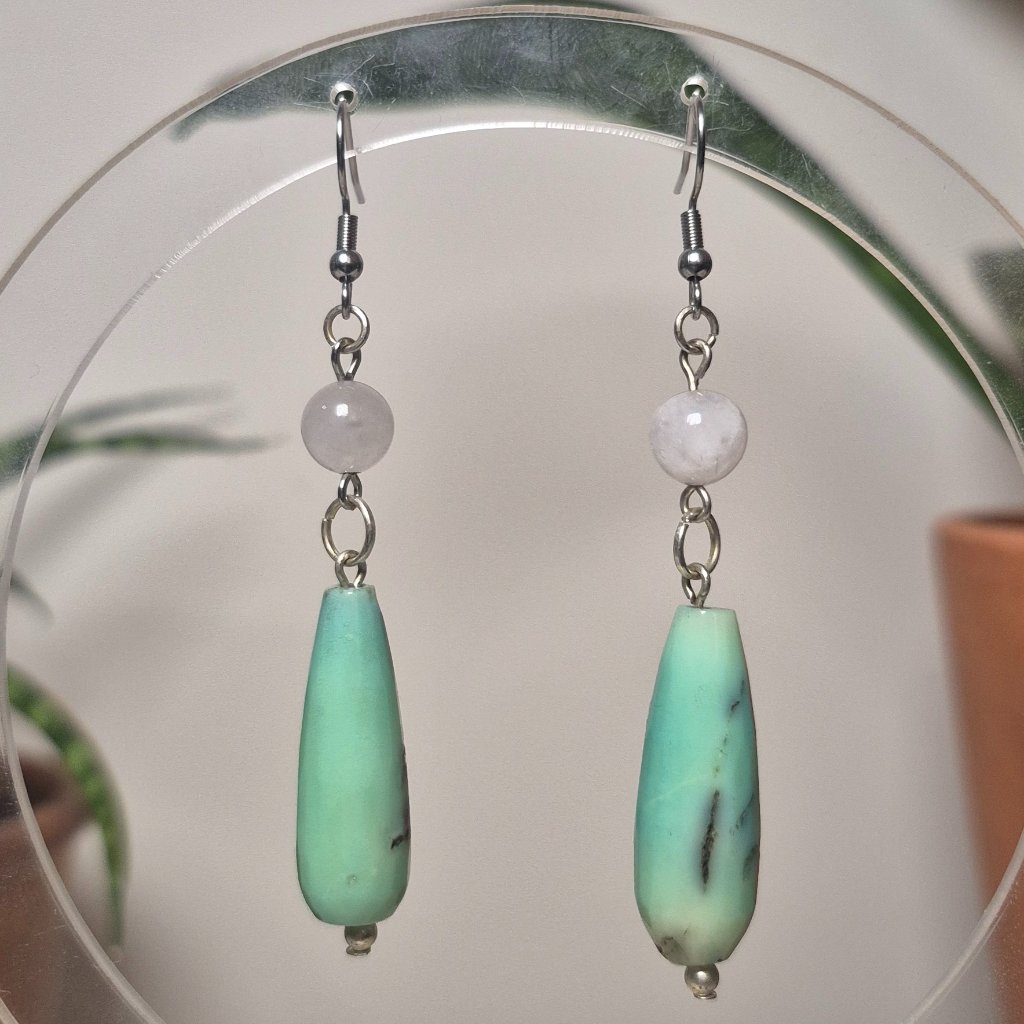 Green Opal Handmade Earrings With Rose Quartz